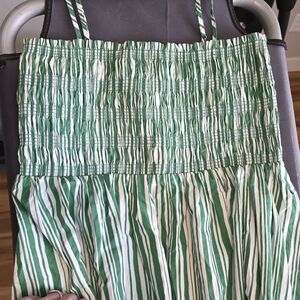 LOFT Green and White Striped Smocked Dress